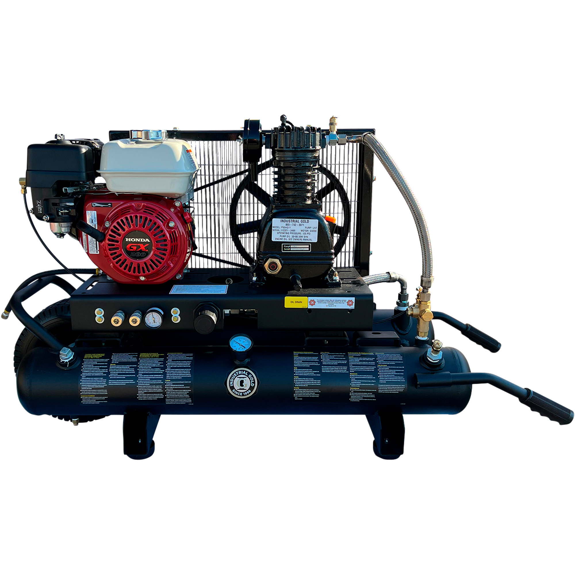 Industrial Gold Portable Gas Wheelbarrow Air Compressor, 5.5 HP Honda GX200 Engine, 10-Gallon Horizontal Tank, Model# P55HG11